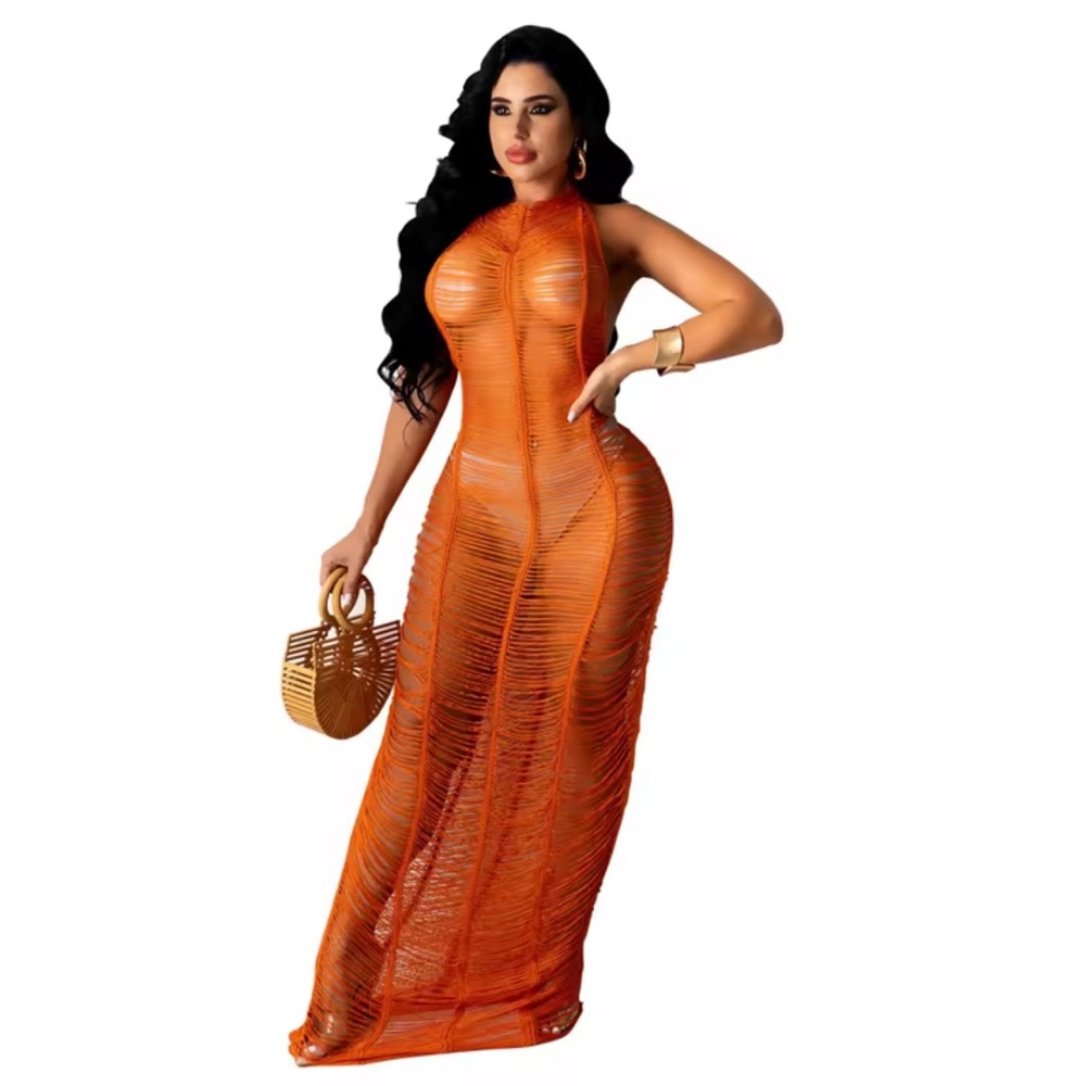 Elegant Orange Halter Maxi Coverup Dress women's in sizes s, m, l, & x-large